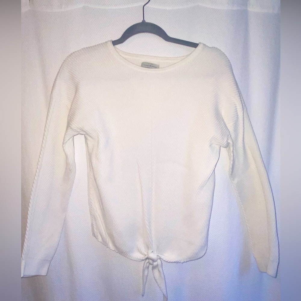 Lucky Brand White Ribbed, front tie knot sweater, size small